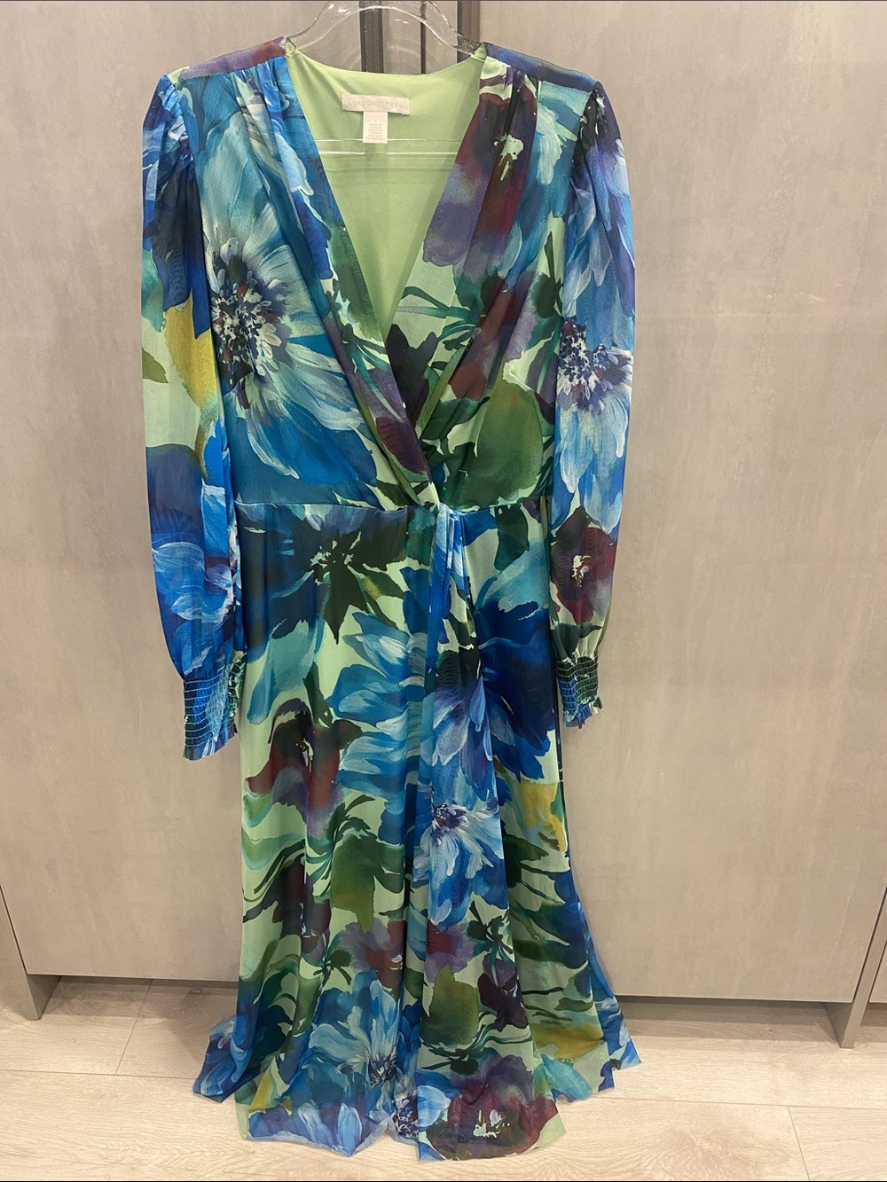 EUC Blue & Green Floral Faux Wrap Maxi Dress by London Times size S